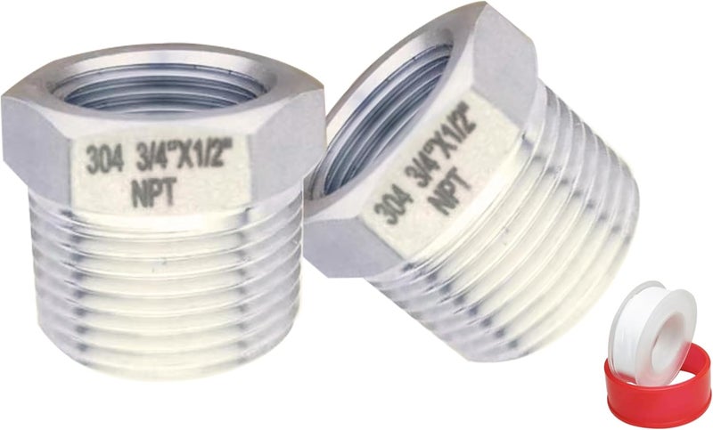 POTONZ 3/4" Male to 1/2" Female NPT Threaded Reducer Hex Bushing 304 Stainless Steel Reducing Adapter Pipe Fitting With Teflon Plumbers Tape(Pack of 2) - Image 1